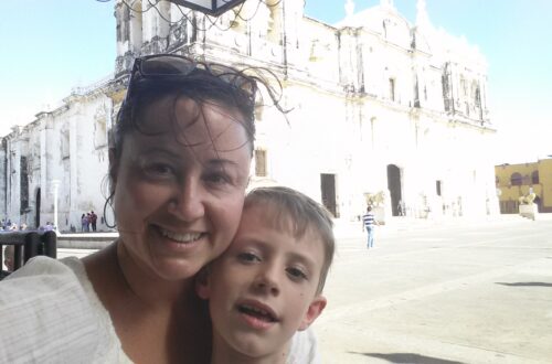 Mother and Son in front of Leon Cathedral in Nicaragua